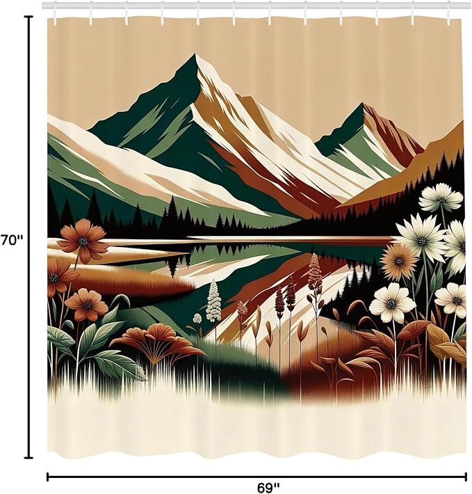 Ambesonne Lake Shower Curtain, Peaceful Art of Meadow Scene with Darkened Woodland and Snowy Mountains, Cloth Fabric Bathroom Decor Set with Hooks, 69" W x 70" L, Hunter Green Pale Redwood