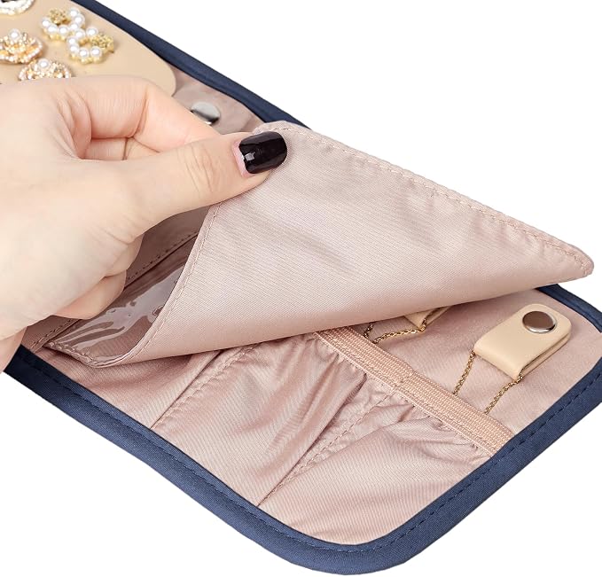 BELALIFE Travel Jewelry Case Organizer, Small Foldable Storage Roll for Earrings, Necklaces, Rings, Bracelets, Brooches, Blue-Gray | Bag with foldable roll design for earrings, necklaces, rings, bracelets and brooches,Blue-Grey