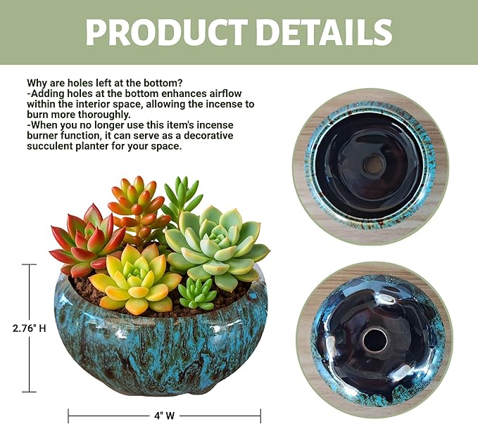Incense Burner with Calabash Incense Stick Holder - Porcelain Charcoal Censer for Use with Resin Granular Powder Cone or Coil Incense (Kiln-Colored Blue)