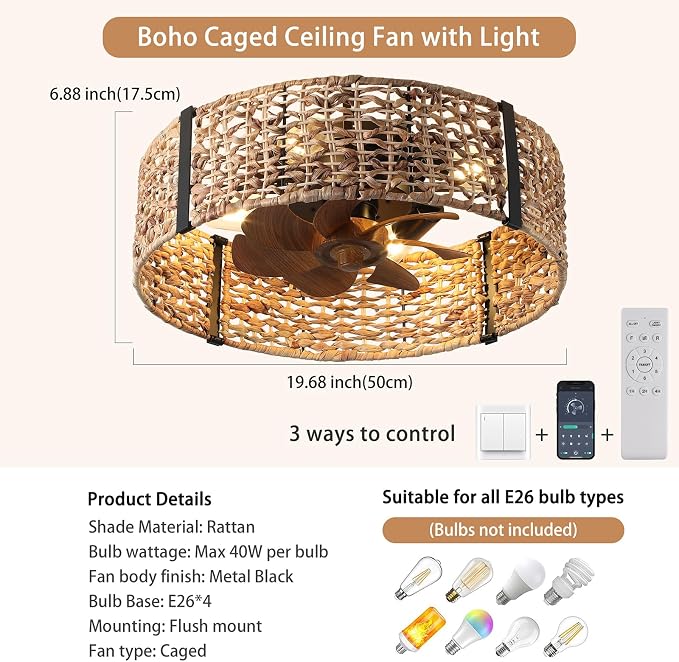 Ganeed 20" Boho Fandelier Ceiling Fan with Light, Rattan Caged Ceiling Fan with Light and Remote Control, Quiet Reversible Motor Enclosed Low Profile 6 Speeds for Bedroom Living Room Porch Kids Room