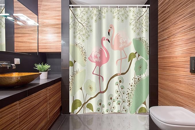 Ambesonne Peacock Stall Shower Curtain, Blossoming Floral Background with Pair of Flamingos on Tree Branch, Fabric Bathroom Decor Set with Hooks, 54" W x 78" L, Green Salmon