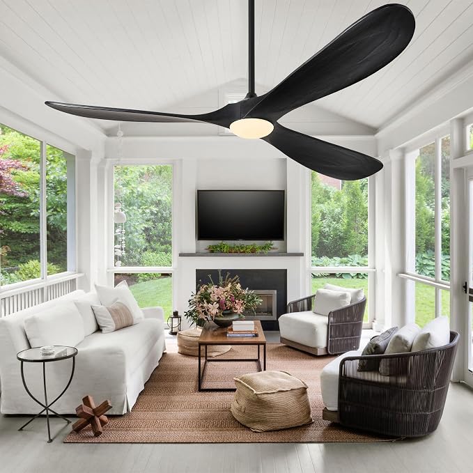 Haipeel 72 Inch Wood Ceiling Fans with Lights and Remote Control, Outdoor Ceiling Fan with Light Solid Wood Modern Black Large Ceiling Fans Propeller Indoor Patios Garage Bedroom High cfm, Matte Black