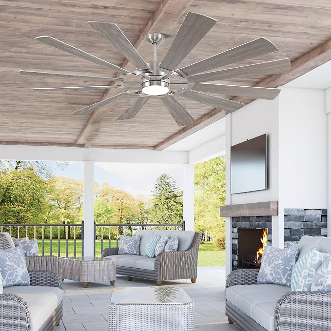 62'' Farmhouse Ceiling Fan with Light,12 Dual-Finish Wind Mill Blades, 3 Downrods, 6-Speed Reversible DC Motor, High CFM, 3CCT, Indoor Outdoor Modern Industrial Fans for Patio Commercial Shop Garage