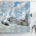 Ambesonne Airplane Shower Curtain, Vintage Plane in Mid-Air American Sky Aircraft Jet Transportation Themed Image, Cloth Fabric Bathroom Decor Set with Hooks, 69" W x 70" L, Blue Ivory