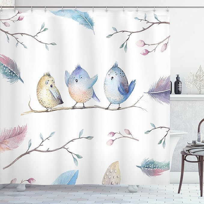 Ambesonne Animal Shower Curtain, Hand Drawn Birds Sitting on Branch Cartoon in Boho Style Watercolors Leaves Feathers, Cloth Fabric Bathroom Decor Set with Hooks, 69" W x 75" L, Blue White