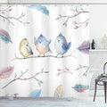Ambesonne Animal Shower Curtain, Hand Drawn Birds Sitting on Branch Cartoon in Boho Style Watercolors Leaves Feathers, Cloth Fabric Bathroom Decor Set with Hooks, 69" W x 75" L, Blue White