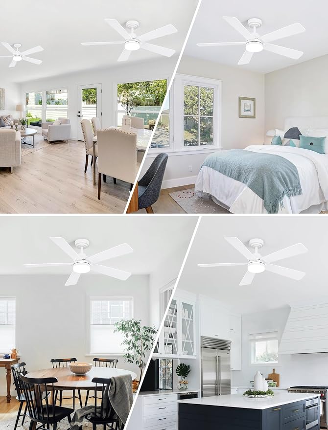48 Inch Ceiling Fan with Lights and Remote, Downrod Mount, Sloped Ceiling Compatible up to 15°, Quiet Reversible DC Motor, 3CCT Dimmable LED, White Ceiling Fan for Bedroom Living Room
