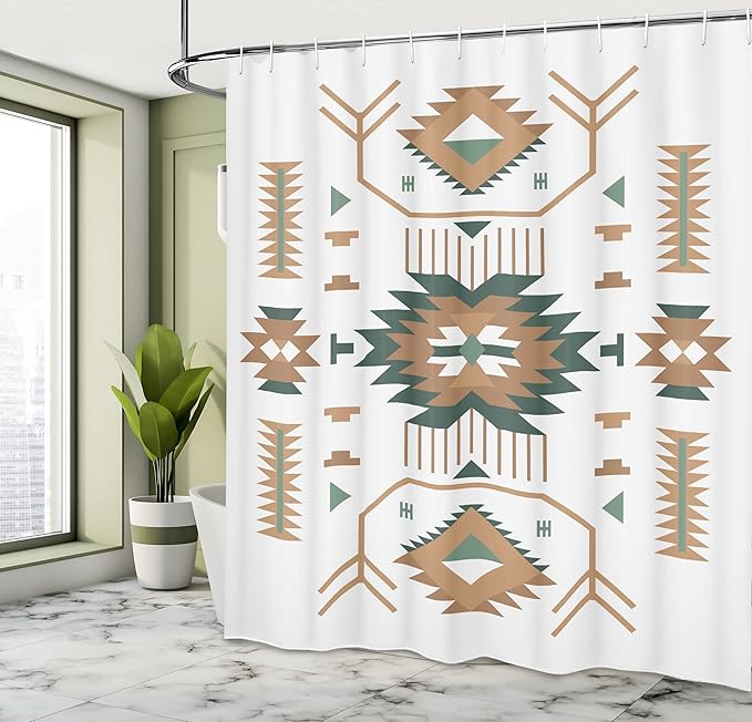 Ambesonne Southwestern Shower Curtain, Ethnic Illustration of a Zigzags Design Triangular Iconic Artwork Motifs, Cloth Fabric Bathroom Decor Set with Hooks, 69" W x 70" L, White Teal
