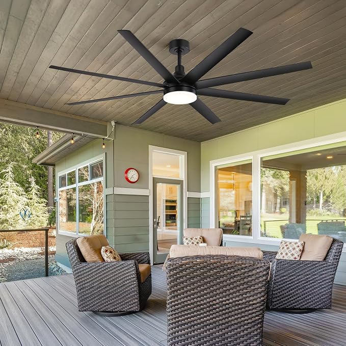72" Black Ceiling Fans with Lights and Remote, 8 ABS Blades, 6-Speed Reversible DC Motor, 2 Downrods, 3 Color Led Light, Large Industrial Indoor Ceiling Fan Fandeliers for Bedroom Living Dining Room