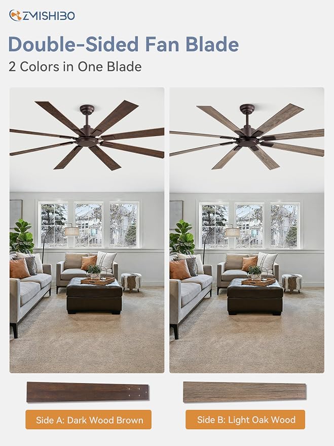 ZMISHIBO 72 Inch Ceiling Fan No Light with Remote Control, 8 Blades Quiet DC Reversible Motor, 6-Speed, Timer, Oil Rubbed Bronze Finish, Indoor Outdoor Ceiling Fans for Patios, Living Room, Garage