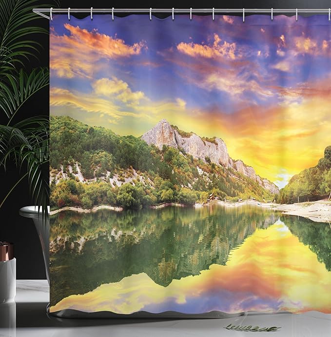 Ambesonne Landscape Shower Curtain, Sunset Over The Lake Mountain and Forest in a Partly Cloudy Day, Cloth Fabric Bathroom Decor Set with Hooks, 69" W x 70" L, Earth Yellow Coral Green