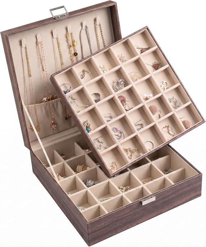 Frebeauty 50 Grid Earring Holder Organizer,2 Layer Jewelry Box for Women | Faux Leather,Velvet Lining,Adjustable Divider,Jewelry Organizer for Ring Necklace and Bracelet,for Home Use and Jewelry Store