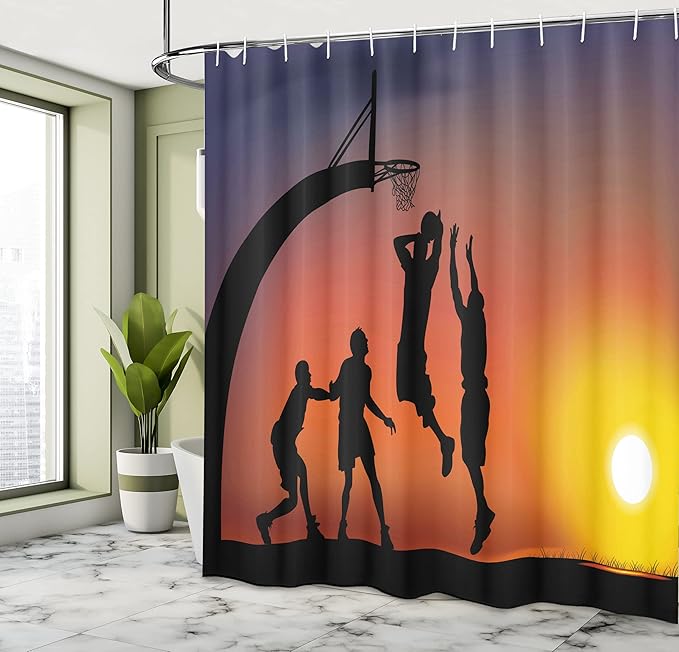 Ambesonne Teen Room Shower Curtain, Boys Playing Basketball at Sunset Horizon Sky Dramatic Scenery, Cloth Fabric Bathroom Decor Set with Hooks, 69" W x 75" L, Dark Coral Black Yellow