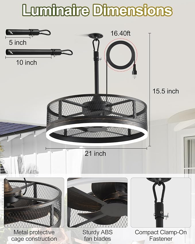 20'' Outdoor Ceiling Fan with Light, IP65 Waterproof Gazebo Hanging Fan, Remote Control, 3CCT, 6-Speed, Plug-in Caged Ceiling Fan for Patio Porch Pergola, Works with Alexa & Google Assistant