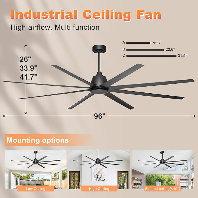 96" Industrial Ceiling Fan No Light, Large Ceiling Fan with Remote/APP Control, Outdoor Ceiling Fans with 8 Blades, DC motor for Commercial Shop Garage Warehouse Black Without Light