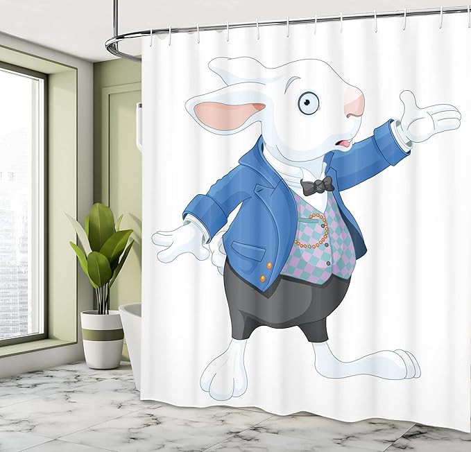 Ambesonne Alice in Wonderland Shower Curtain, White Rabbit is Talking Fictional Fantasy and Alice Themed Print, Cloth Fabric Bathroom Decor Set with Hooks, 69" W x 70" L, White Blue Black