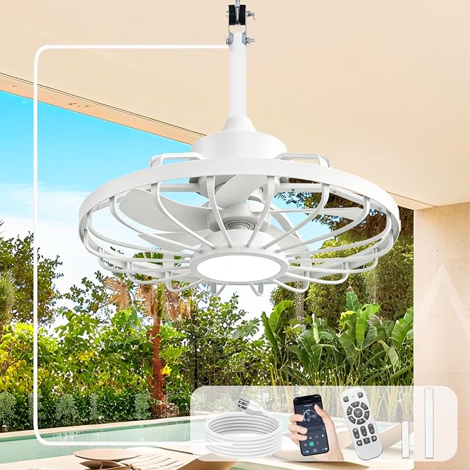 Depuley Gazebo Fans Outdoor Hanging: 20 Inch White Plug In Caged Outdoor Fan with Light and APP Remote Control - Waterproof Ceiling Fan for Patio Porch Pergola Reversible DC Motor