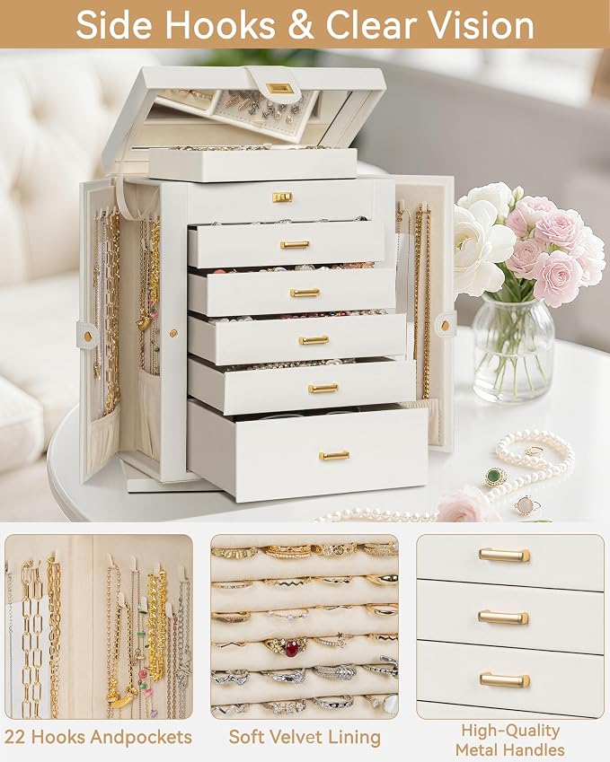 AKOZLIN 6-Tier Jewelry Box Organizer Functional 5 Drawers Leather Jewelry Storage Case for Women Girls Ring Necklace Earring Bracelet Holder Organizer with Mirror XL White 360° Rotating