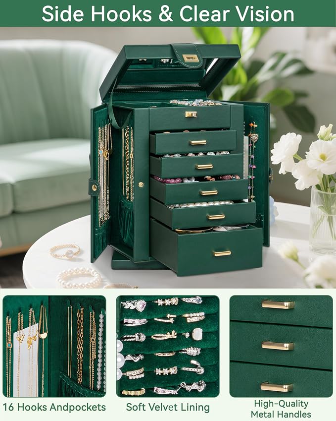 AKOZLIN 6-Tier Jewelry Box Organizer Functional 5 Drawers Leather Jewelry Storage Case for Women Girls Ring Necklace Earring Bracelet Holder Organizer with Mirror Green 360° Rotating