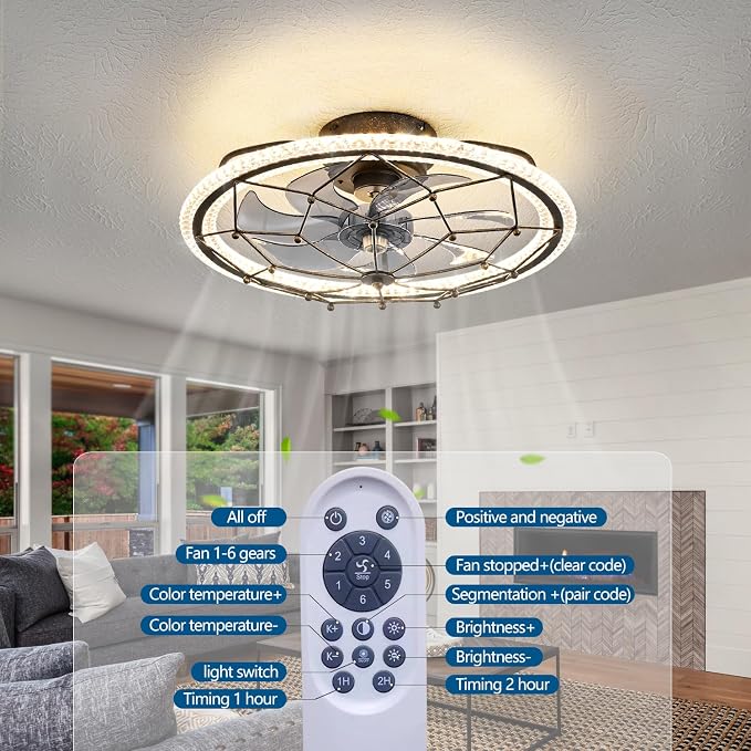 Dalouguan Rustic Black Ceiling Fan with Light, Farmhouse Chemistry Molecular Model Caged Ceiling Fan with Remote, LED Low Profile Ceiling Light for Bedroom Kitchen Living Room