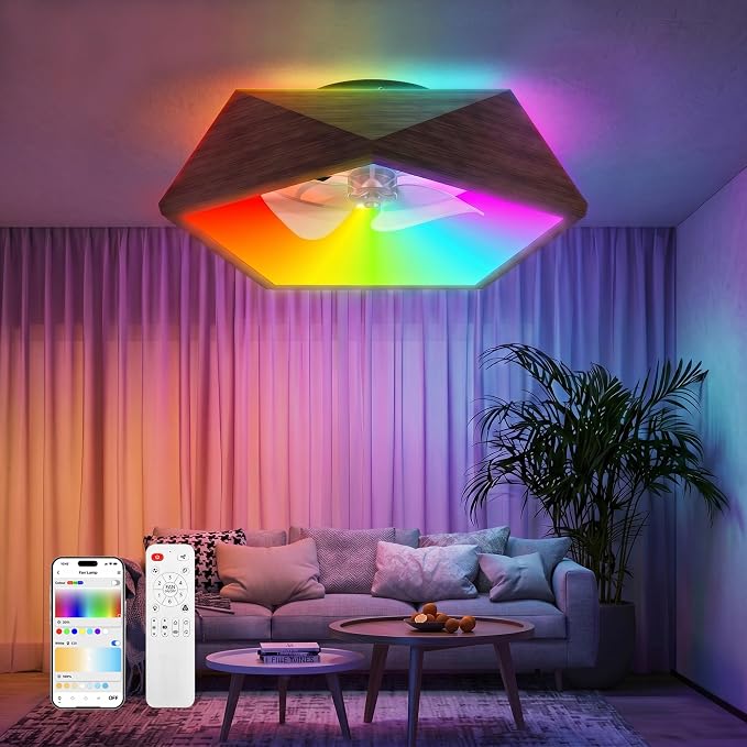 RGB Ceiling Fans with Lights and Remote, 22in Low Profile Ceiling Fans with Lights Flush Mount, 3000K-6500K Dimmable Fandelier LED Fan Light, Walnut Wood Bladeless Ceiling Fans for Bedroom