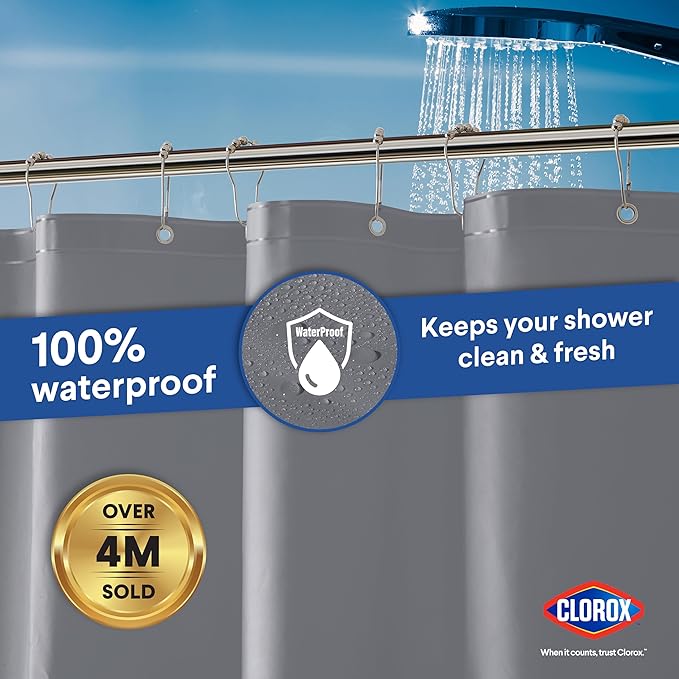 Clorox Shower Curtain Liner, Premium Colored Medium-Weight Durable Waterproof 6g PEVA for Bathroom with Weighted Magnets, Standard Size 72" x 72", Grey