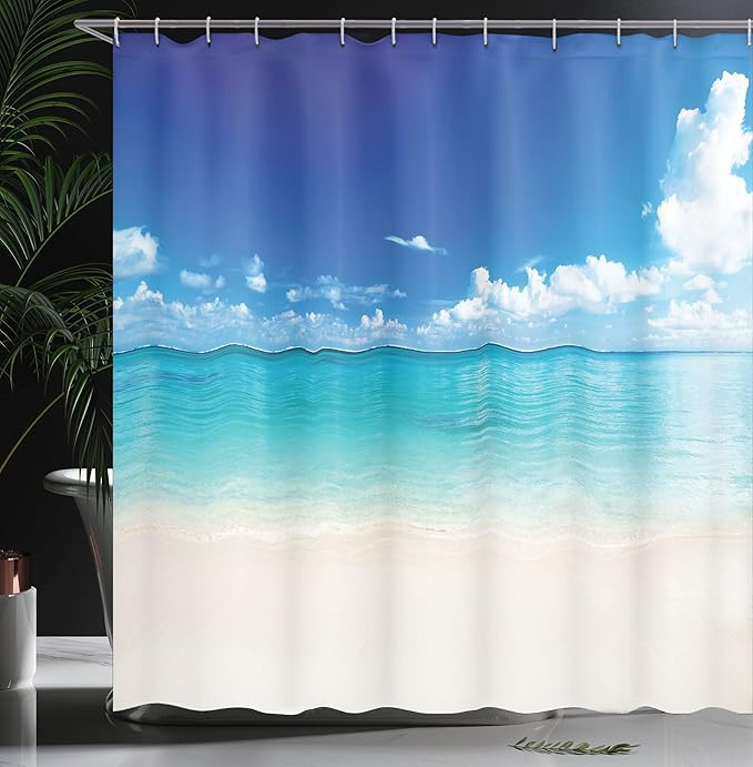 Ambesonne Ocean Shower Curtain, Natural Coastal Scenery Sandy Beach and Carribean Seashore Heavenly Paradise View Summer Holiday, Cloth Fabric Bathroom Decor Set with Hooks, 69" W x 84" L, White Blue