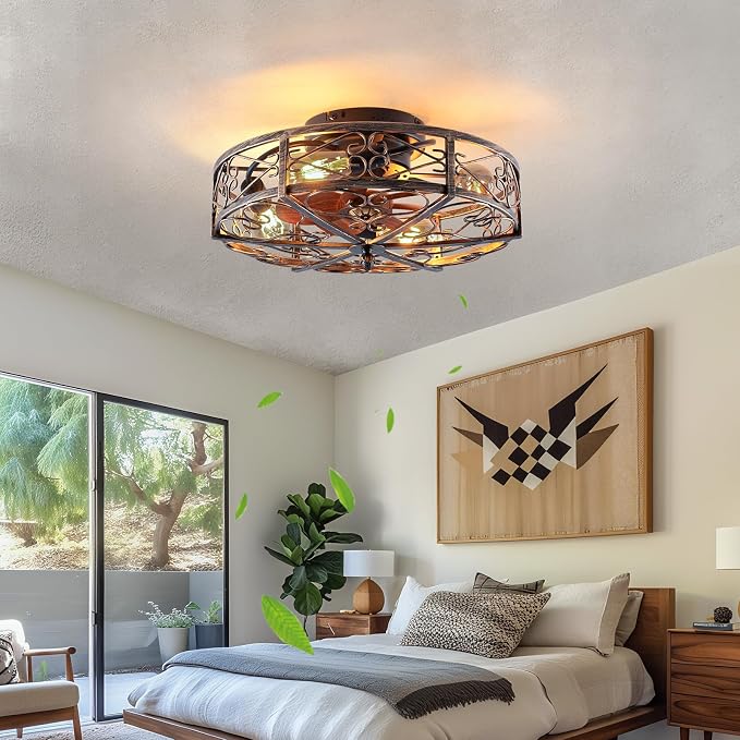 20" Flush Mount Caged Ceiling Fan with Lights, 6 Speeds Fandelier with Remote, Low Profile Farmhouse Ceiling Fan for Bedroom Kitchen