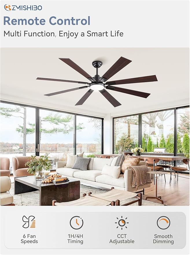 ZMISHIBO 65" Black Ceiling Fan with Dimmable 3000-6000K Light and Remote | 65 Inch Large Ceiling Fan, Quiet Reversible DC Motor, 6 Speeds, 8-Blades, Great for Living Room, Bedroom, Covered Patio