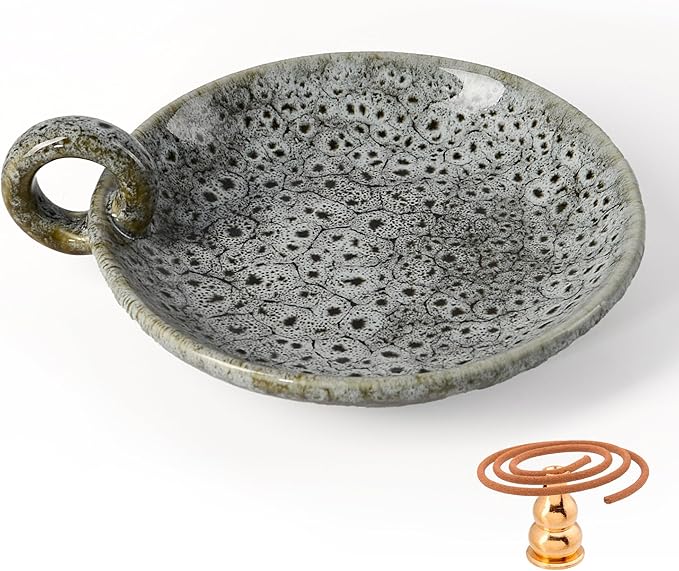 Ceramic Candle Holders with Handle, Palo Santo Holder for Burning, Vintage Farmhouse Smudge Incense Stick Bowl, Sage Burner Tray, Ash Catcher Plate for Meditation Room Home Decor (Green Grey)