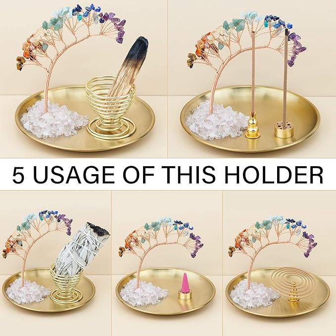ZenBless 7 Chakra Healing Crystal Tree Incense Holder Palo Santo Sage Burner Brass Ash Catcher for Incense Sticks Coil Cones Yoga Meditation Zen Spiritual Room Home Decoration (Round)