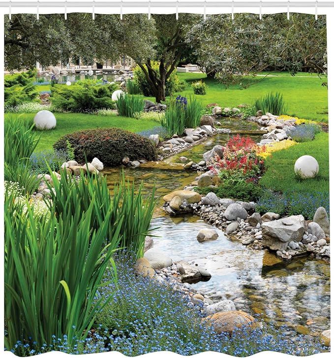 Ambesonne Garden Shower Curtain, Garden Pond in Style with Flowing Stream and Wild Flowers Bushes Stones, Cloth Fabric Bathroom Decor Set with Hooks, 69" W x 70" L, Fern Green