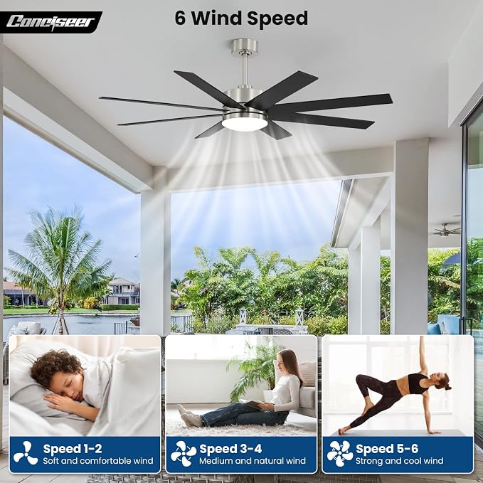 60 Inch Ceiling Fans with Lights and Remote, Dual Color 6 Blades, Bedroom Living Room Office Library Cafe Outdoor Industrial, 3CCT Dimmable, 6 Speed Reversible Quiet DC Motor, Sand-nickel/Wood Grain