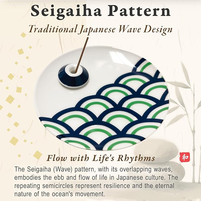 Japanese Arita Ware Incense Plate with Holder - 3.15x0.79 inches, Traditional Wamono Design, Porcelain 小紋柄香皿 (Seigaiha Wave Pattern)