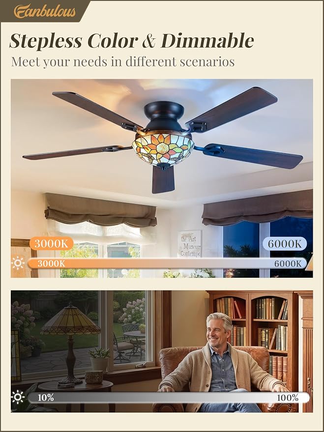 Fanbulous 52" Tiffany Sunflower Ceiling Fan, Dimmable Stepless Color LED