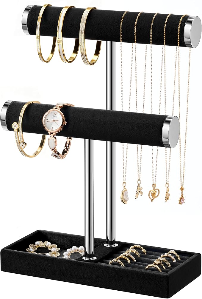 bussdis 2 Tier Bracelet Holder Display, Necklace Holder Organizer, BK/SL | Velvet Necklace Holder | Jewelry Tree | Jewelry Towers | Jewelry Stand Organizer for Necklaces, Bracelets, Earrings, Rings