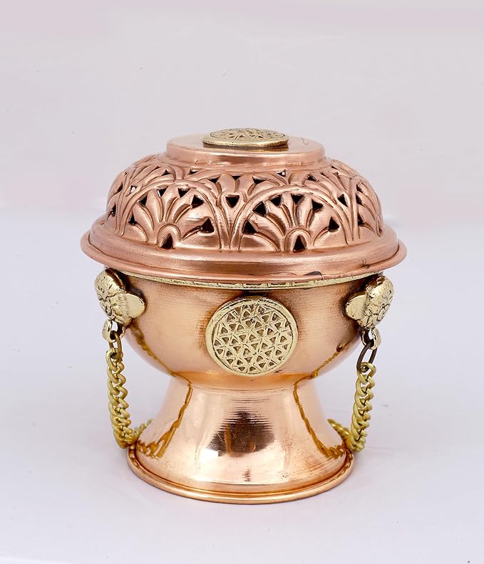 Indian Consigners Copper Altar Incense Charcoal Burner Holder with Chain (Flower of Life)