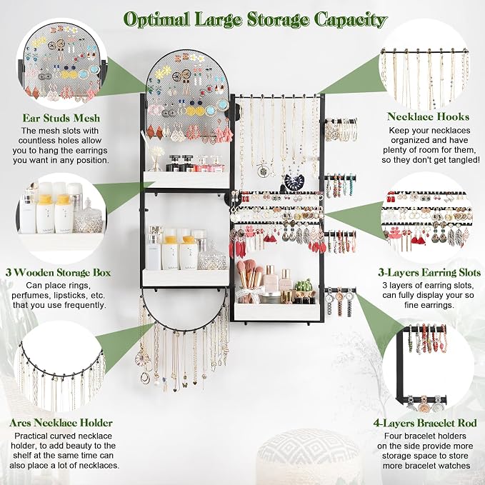 Keebofly Wall Mount Hanging Jewelry Organizer - Large Display Holder for Earrings, Rings, Necklaces, Bracelets, Watches and Perfume - White