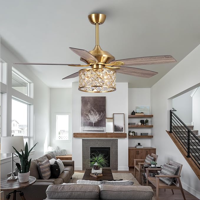 52" Modern Drum Crystal Ceiling Fan with Light, Luxury Brushed Gold Fandelier, Diamond Lattice Metal Cage, Quiet 3-Speed Motor, Elegant Chandelier Fan for Living Room Bedroom