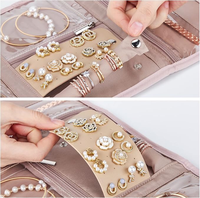 BELALIFE Travel Jewelry Case, Jewelry Organizer Roll for Accessories | Bag with foldable roll design for earrings, necklaces, rings, bracelets and brooches,Pink