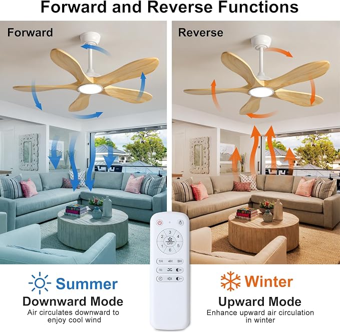 42 Inch White Ceiling Fans with Lights and Remote Control, Wood Ceiling Fan with Light, Modern Indoor Outdoor Ceiling Fan for Patio, Bedroom, Dimmable, 6 Speeds Reversible DC Motor