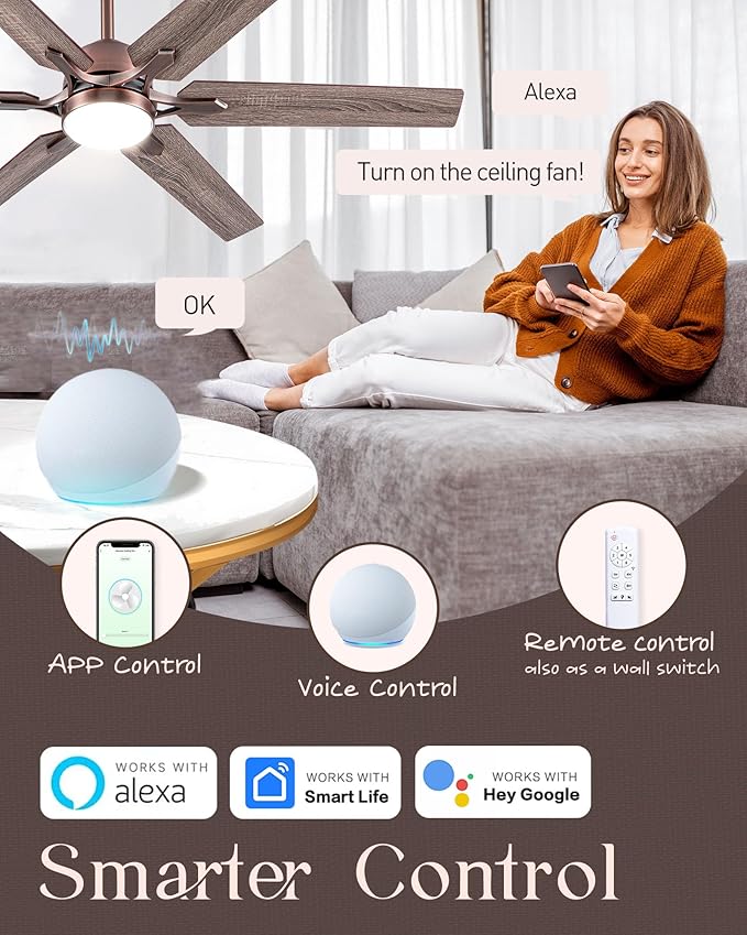 Minislak 52" Oil Rubbed Bronze Smart Ceiling Fan with Light via WiFi Alexa,6-Speeds Quiet DC Motor,Dimmable,Outdoor Antique Bronze Large Ceiling Fan for Living Room,Bedroom,Dual Finish 6 Blades