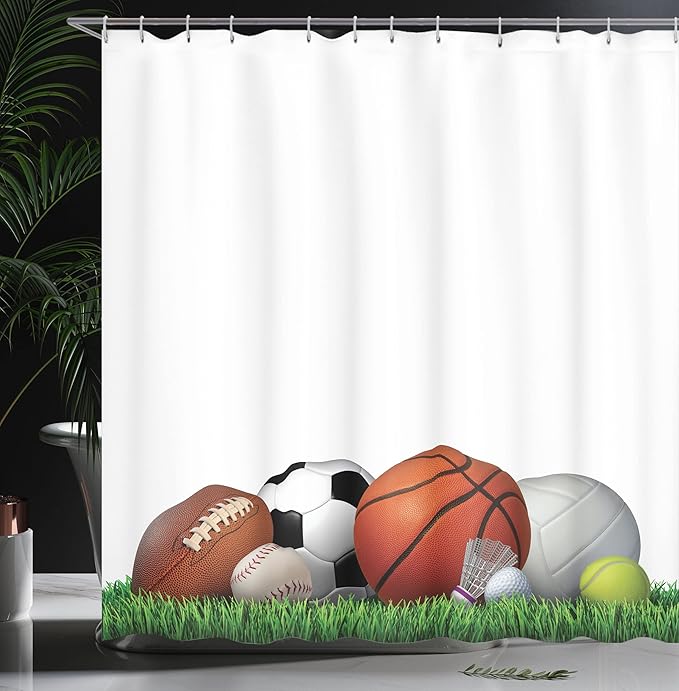 Ambesonne Sports Shower Curtain, Simple Print of Equipment on The Grass Summertime Outdoor Activities Fitness Exercise Theme, Cloth Fabric Bathroom Decor Set with Hooks, 69" W x 84" L, Burnt Sienna