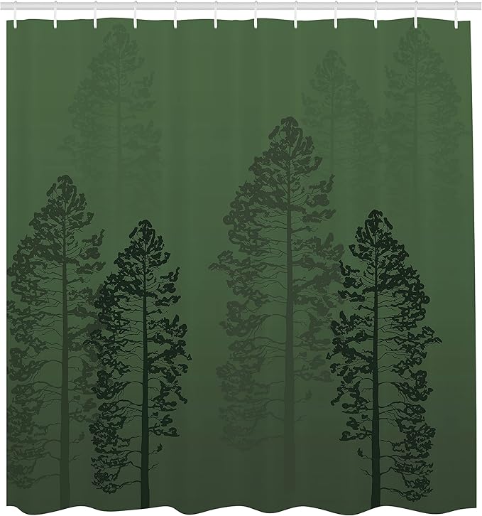 Ambesonne Country Shower Curtain, Pine Trees in The Forest on Foggy Seem Ombre Backdrop Wildlife Adventure Artwork, Cloth Fabric Bathroom Decor Set with Hooks, 69" W x 75" L, Forest Green