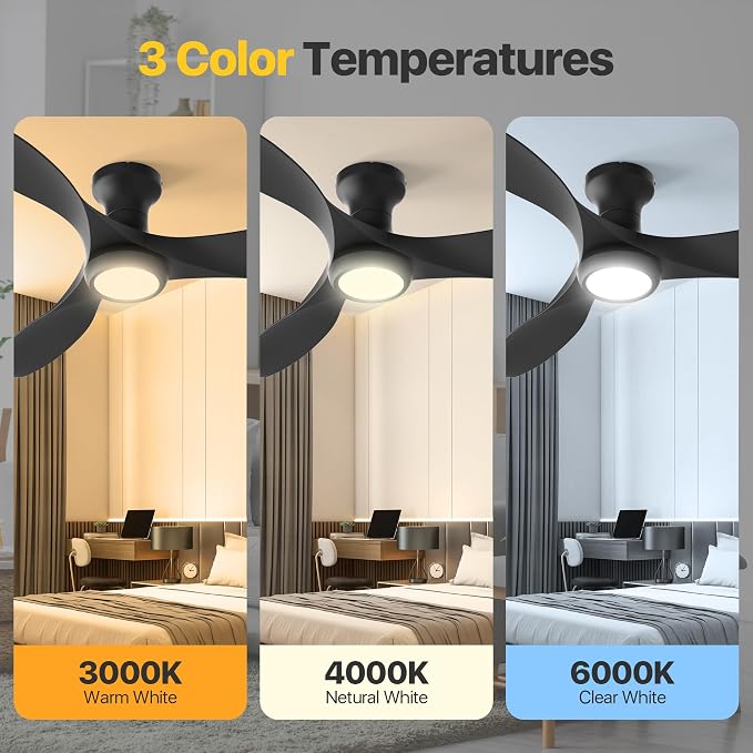 Ensenior 52 Inch Flush Mount Ceiling Fan with Light and Remote, Black Low Profile Ceiling Fans with Lights for Bedroom Living Room, 3 ABS Blades, Modern Quiet Reversible DC Motor, 3CCT, 6 Speeds