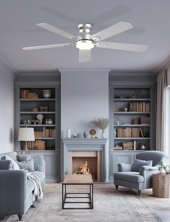 52'' Silver Flush Mount Ceiling Fan with Lights for Bedroom | App/Remote Control, Low Profile, Space-Saving, Quiet DC Motor, 3CCT Dimmable, 6 Speeds Modern Overhead Fan for Low Ceilings