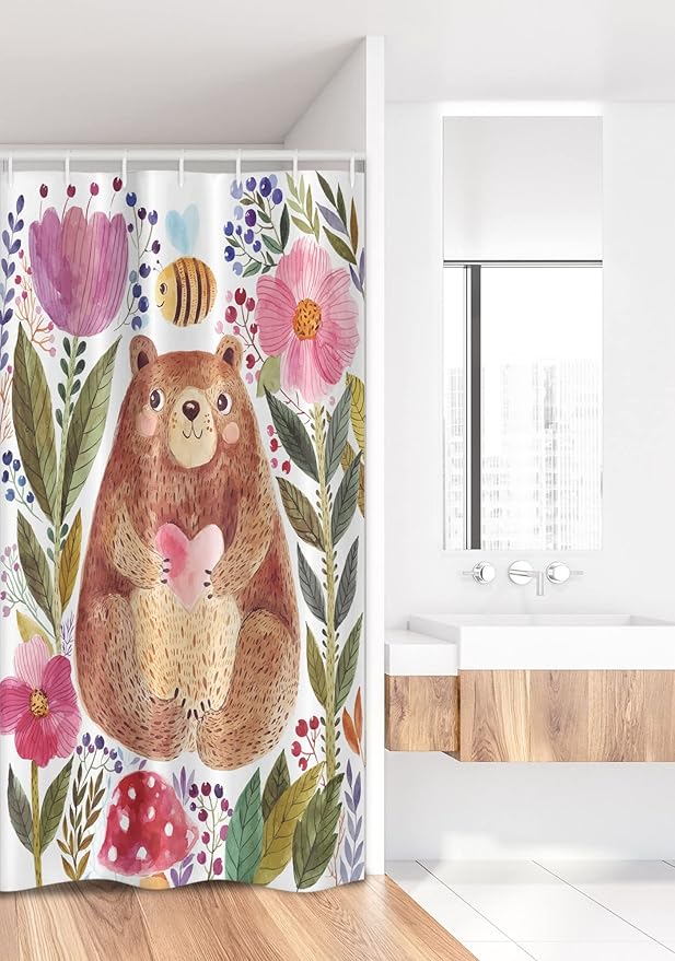 Ambesonne Watercolor Flower Stall Shower Curtain, Bear Flowers and Bee Animal Nature Modern Illustration, Fabric Bathroom Decor Set with Hooks, 36" W x 72" L, Reseda Green Plum Soft Pink