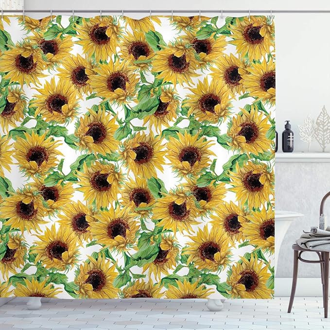 Ambesonne Sunflower Shower Curtain, Dried Sunflowers Illustration Wildflowers Branch Herbarium Artistic Design Fine Art, Cloth Fabric Bathroom Decor Set with Hooks, 69" W x 70" L, Dandellion Green