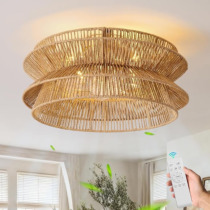 Boho Ceiling Fan with Light, 20'' Coastal Caged Ceiling Fans with Lights and Remote Control, Rattan Flush Mount Fandelier with Reversible 6 Speeds, Low Profile for Bedroom Living Room Dining Room