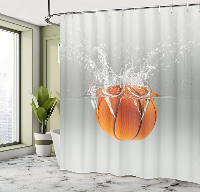 Ambesonne Sports Shower Curtain, Falling Basketball into The Water Leisure National American Activity Entertaining Hobby Print, Cloth Fabric Bathroom Decor Set with Hooks, 69" W x 84" L, Orange Beige